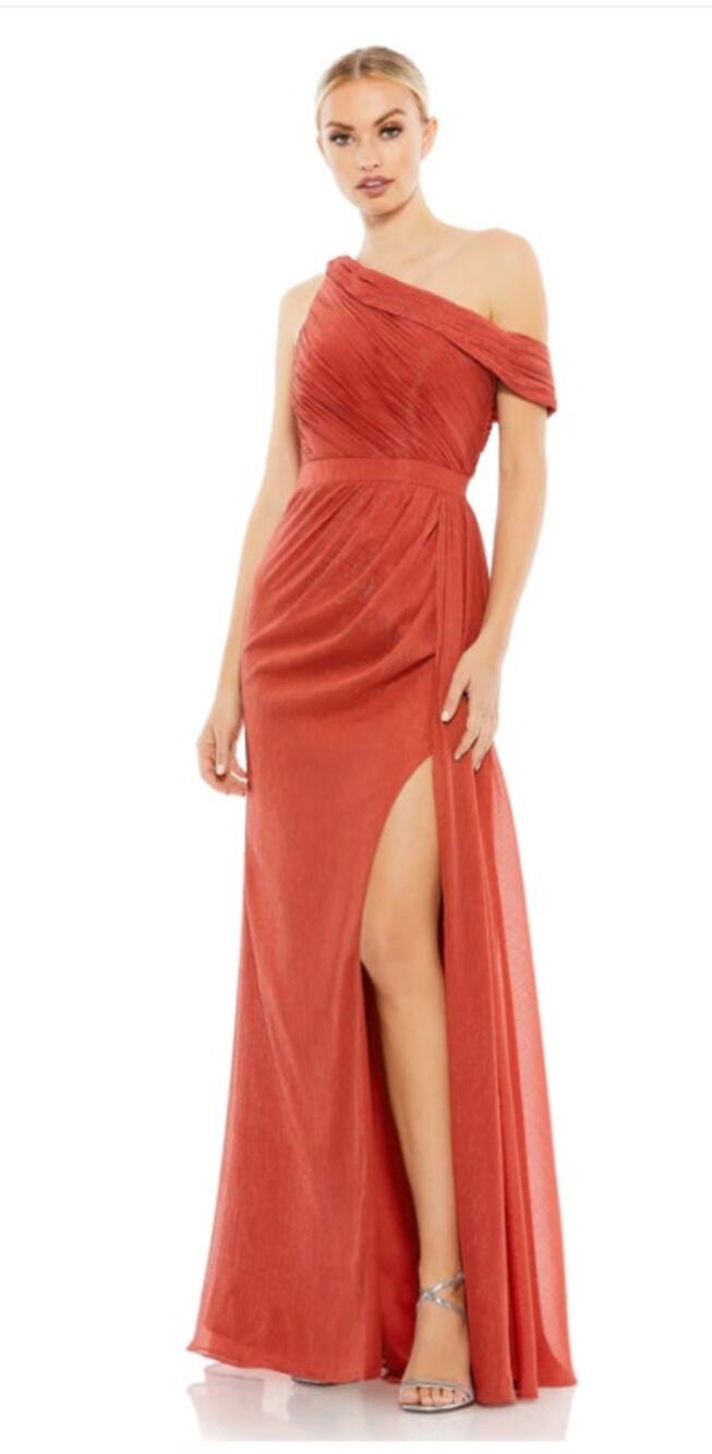 Mac Duggal Red One Shoulder Chiffon Formal Evening Gown Slit 10 NWT